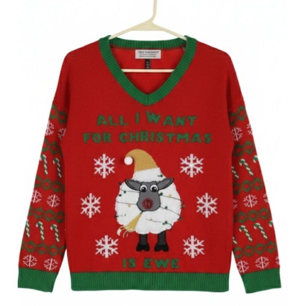 Womens xl ugly Christmas sweater red green Rudolph reindeer tiara international